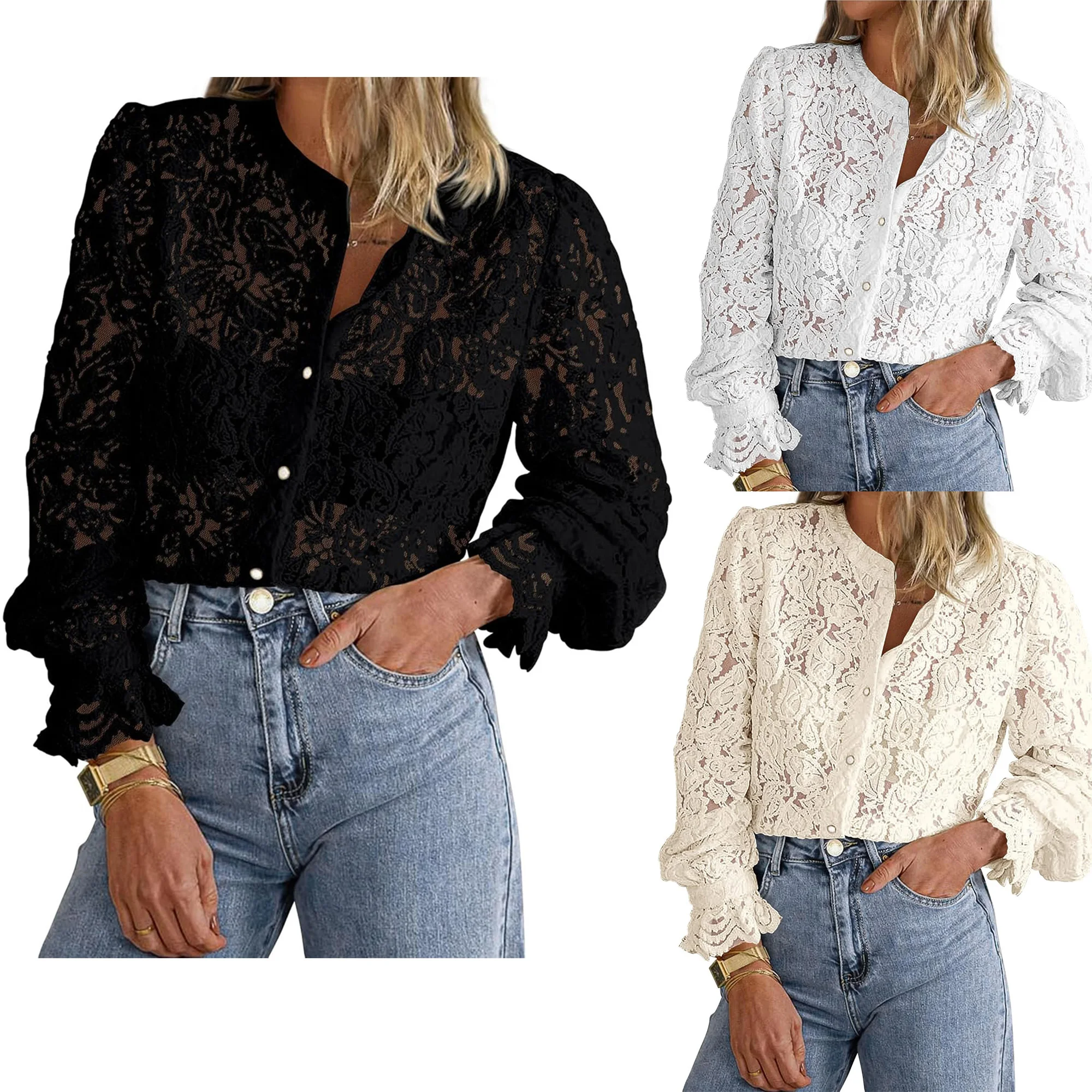 2025 Camicetta abbottonata da donna Elegante maglia di pizzo Fiore Solido Girocollo Manica lunga Top Hollow Blusas Para Mujer
