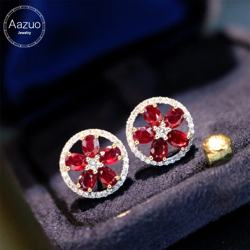 

Aazuo 18K Fine Jewelry Solid White Gold Natural Ruby Real Diamond Fairy Windmill Flower Stud Earring gifted for Women Birthday