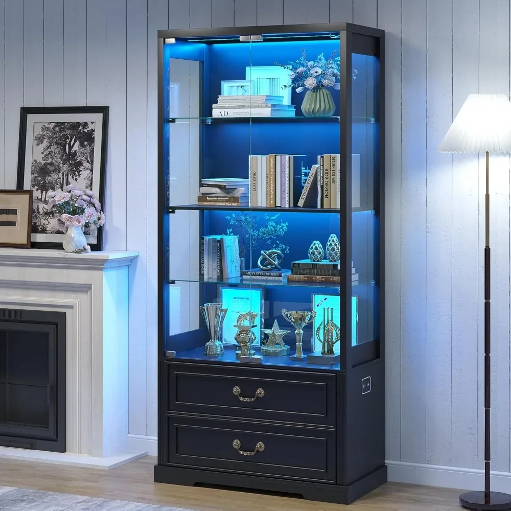 [¡Envío gratis ¡Compre ahora! ] Vitrina con puerta de cristal de 67 pulgadas de alto con 2 cajones y estanterías ajustables, resaltada por luz LED
