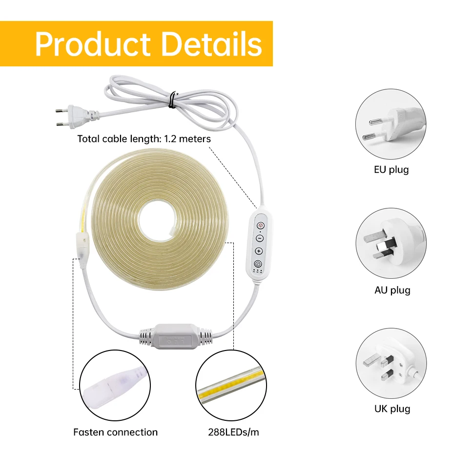 ไฟแถบ LED COB AC 220V 288LEDs/เมตร กันน้ำ IP65 แบบยืดหยุ่น พร้อมสวิตช์ตั้งเวลาหรี่แสง ปลั๊ก EU/AU/UK ความยาว 1-25 เมตร ตัดได้