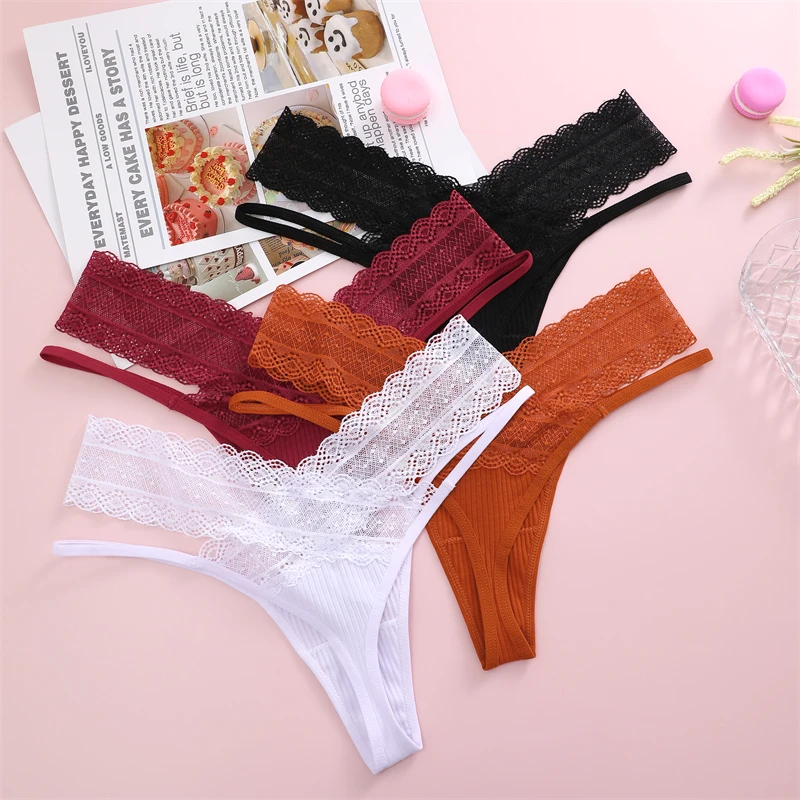 FINETOO 3Pcs Floral Lace Thongs Patchwork Striped Underwear for Women Sexy Double Layer Belt G-string Soild Breathable Lingerie