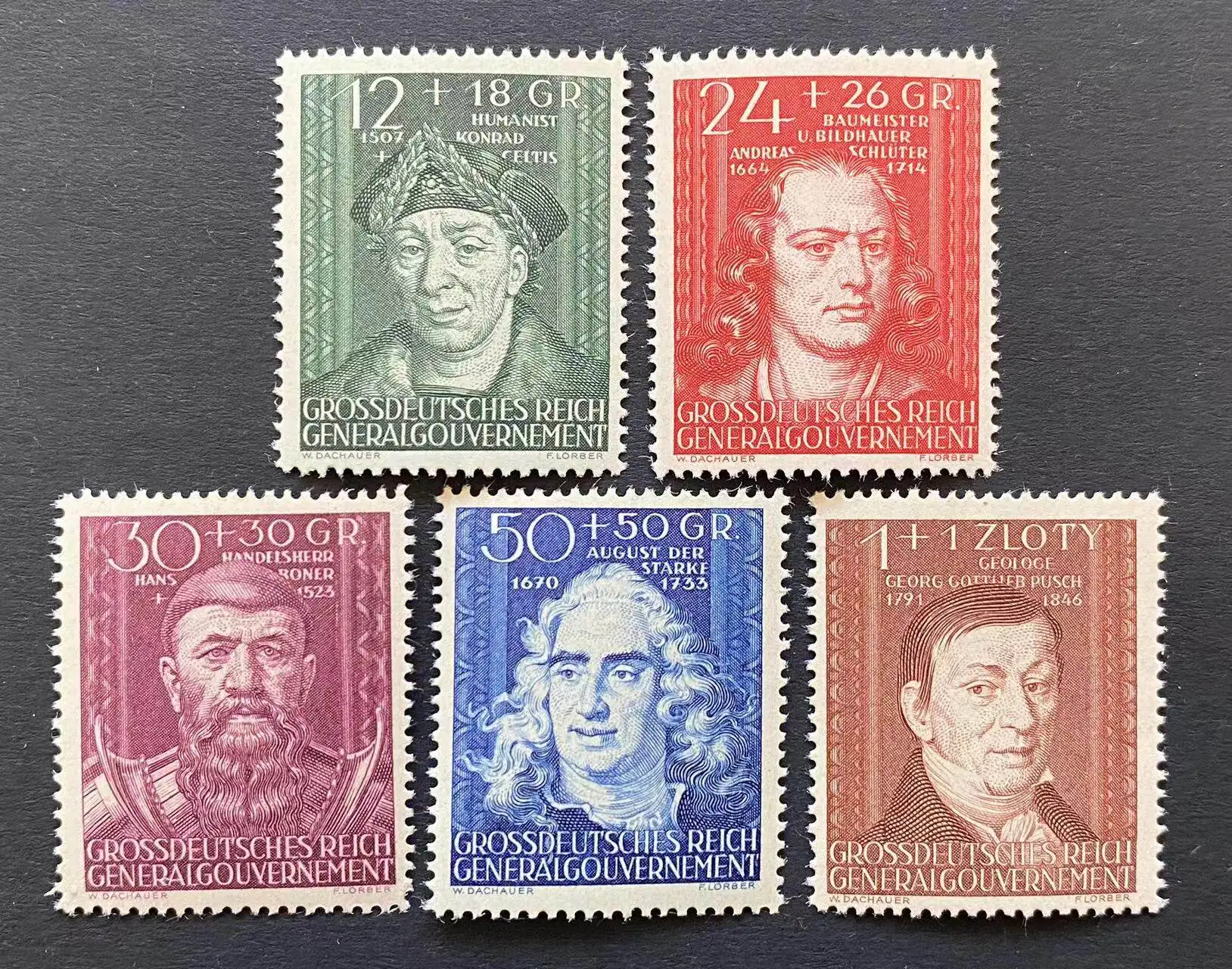 Conjunto de 5 Selos Postais Novos da Alemanha e Polônia 1944, Selos Postais Culturais de Celebridades da Polônia MNH