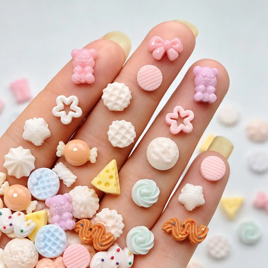50Pcs 3D Cartoon Snack Animal Nail Charms Cute Bear Dog Cookie Bread Cheese Candy Nails Decoration DIY Crafts Manicure Accessory