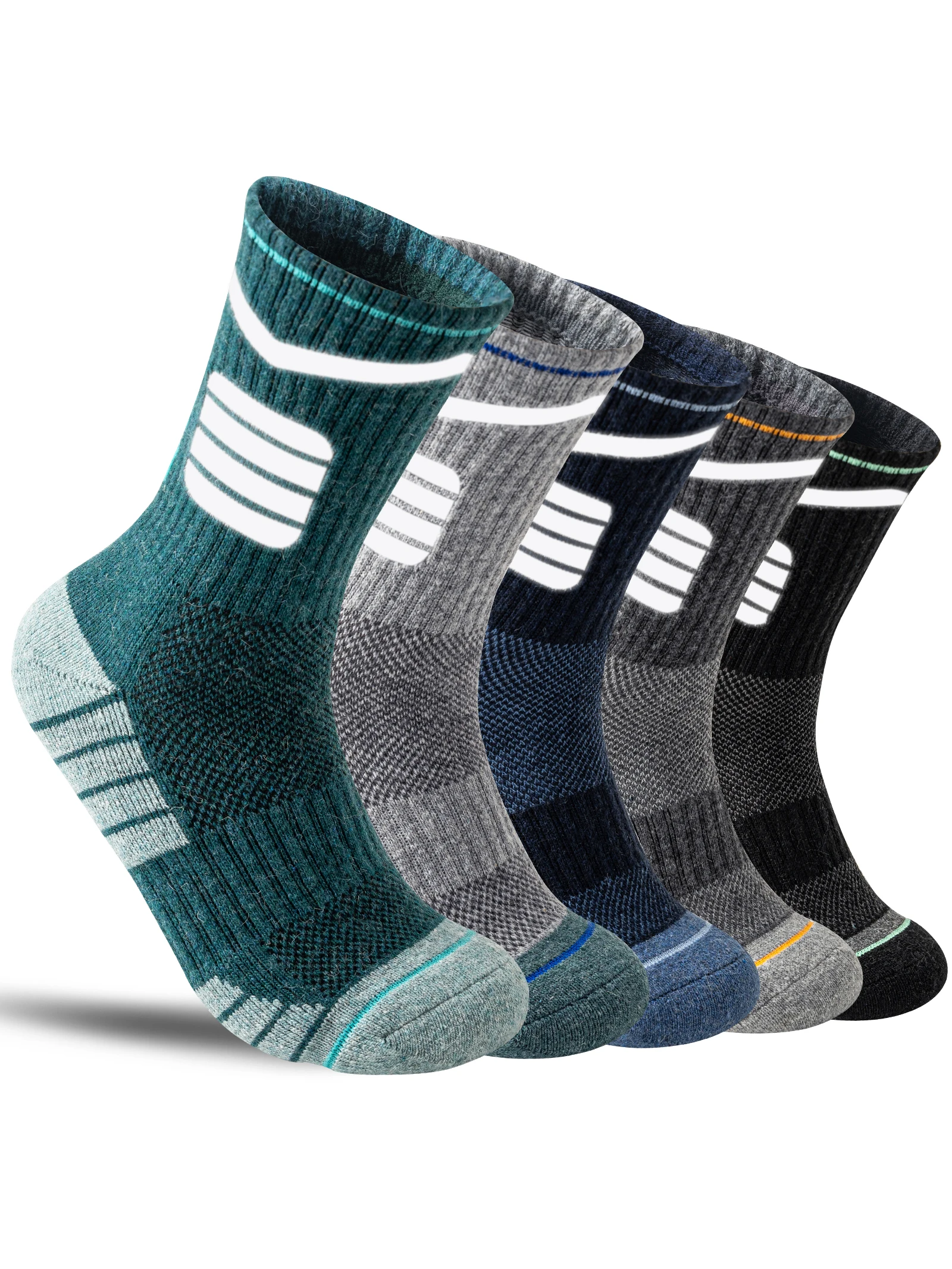 5 Paar reflektierende Wandersocken aus Merinowolle für den Außenbereich, für Männer und Frauen, zum Trailrunning, Radfahren, Trekking, feuchtigkeitsableitende, gepolsterte Crew-Socken