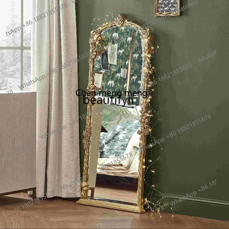 مرآة xzFrench كلاسيكية كاملة الطول، مرآة أوروبية منحوتة خفيفة فاخرة قائمة على الأرض، مرآة مناسبة لغرفة النوم