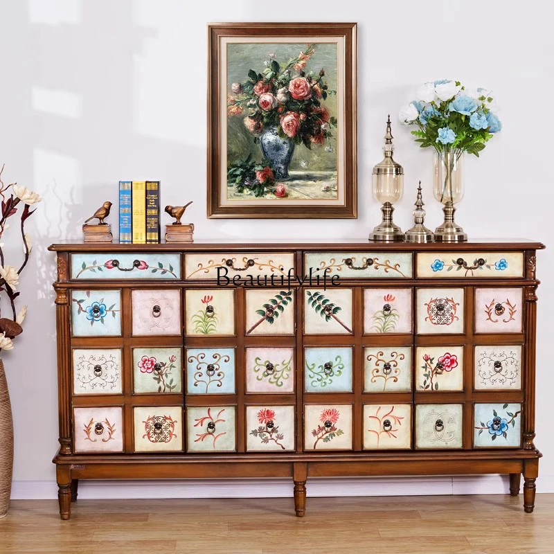 

ls 38 American solid wood retro solid wood painted multi-layer shoe cabinet matching shoe change stool side entrance cabinet