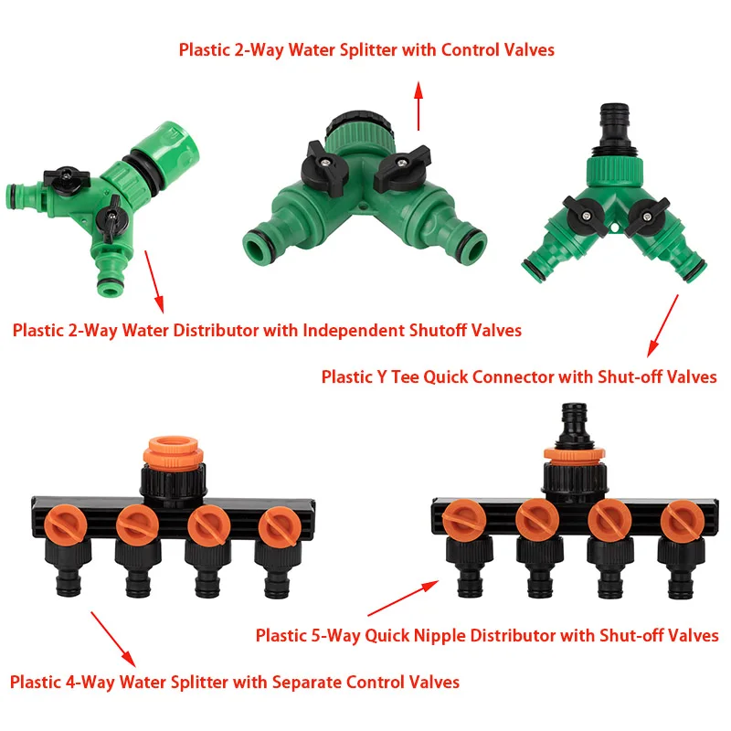 2/4 Way Garden Hose Splitter Tap Connector with Shut Off Valve, 3/4&6/4 Thread Quick Adapter for Irrigation Car Wash