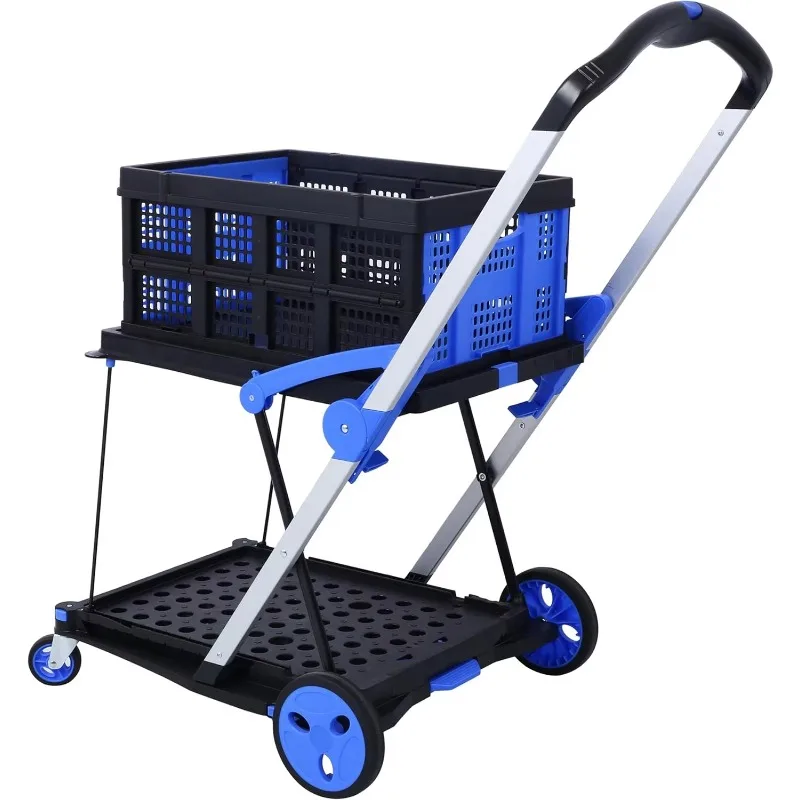 2 Tier Portable Hot Sale Folding Shopping Cart Fordable Plastic Trolley 4 Wheels Carts for Shops