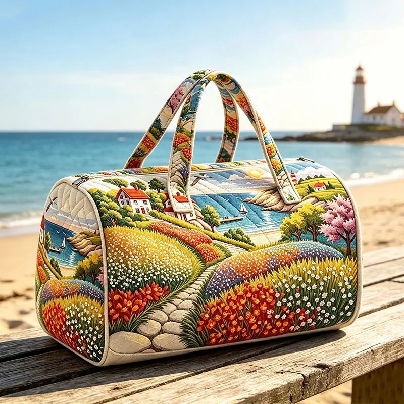 Colorful Tulip Field Coastal Village Lighthouse Handbag for Travel Women Men Large Capacity Storage Multifunctional Duffle Bag
