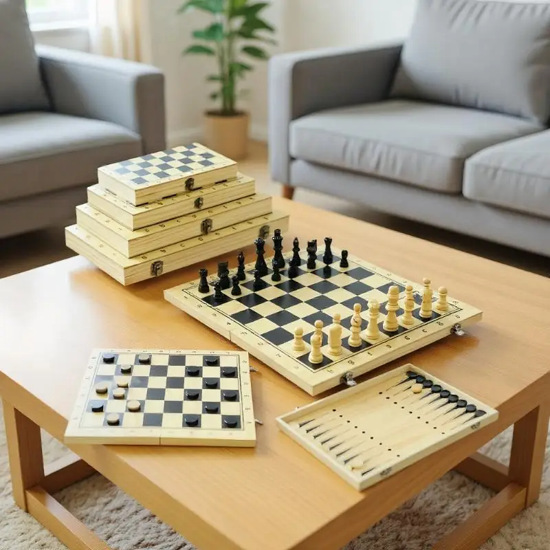 

Quality Wooden Chess Board, 3-in-1 Portable Travel Game, Puzzle Toys for Kids and Adults