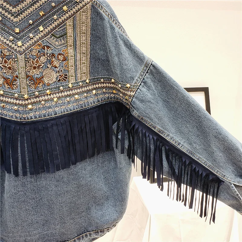 Denim Jacket Korean Floral Embroidery Suede Fringe Loose Chaquetas Mujer Coat Long Sleeve Outerwear Jacket Women  Femme