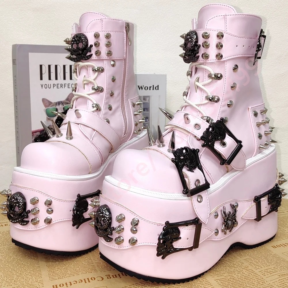 

Rivet Buckle Lace-Up Ankle Boots 2026 New Pink Black Punk Platform Boots Sweet Cool Gothic Cosplay Party Boots for Women