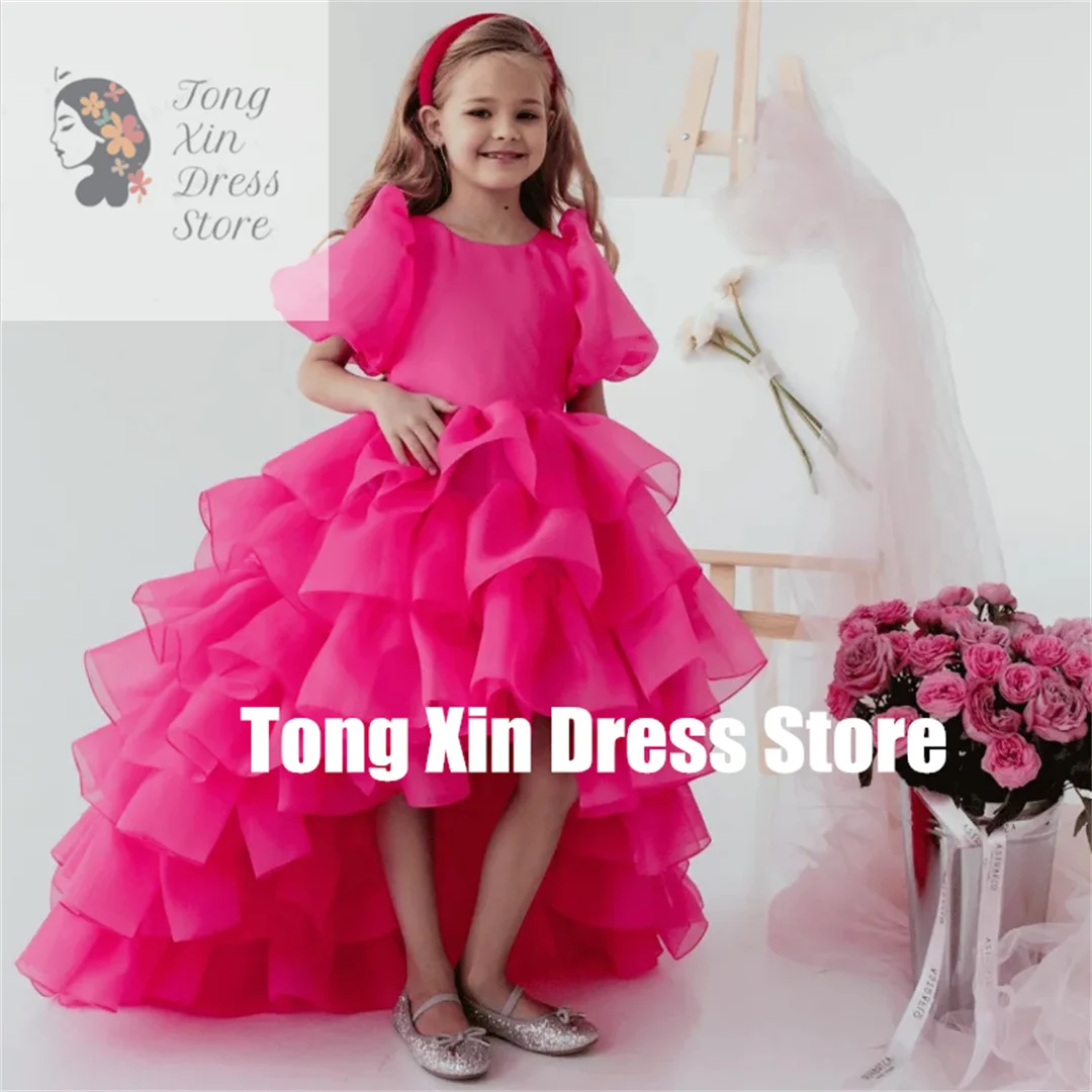 Vestidos florais personalizados para meninas, rosa, sólido, em camadas, com laço e cauda, manga curta, para casamento, festa de aniversário, banquete, princ