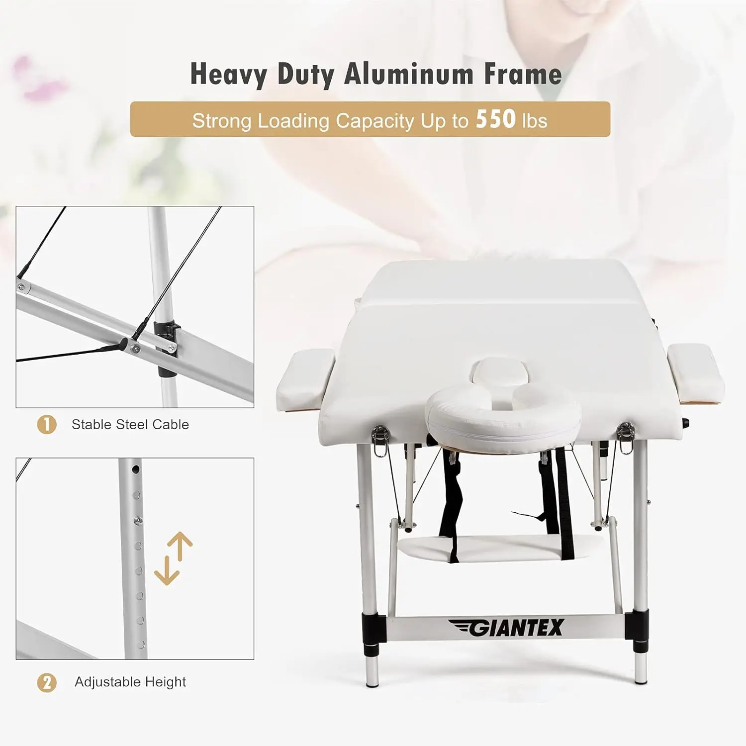 Portable Massage Table 84inch, Folding Lash Bed Aluminium Frame, Height Adjustable, 2 Fold Professional Facial Salon Tattoo Mass