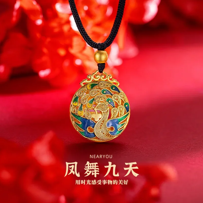 

9999 Real Gold 24K Phoenix Pendant Women's Gold Ancient Method Phoenix Fu Brand Burnt Blue Enamel Pendant Pendant Jewelry