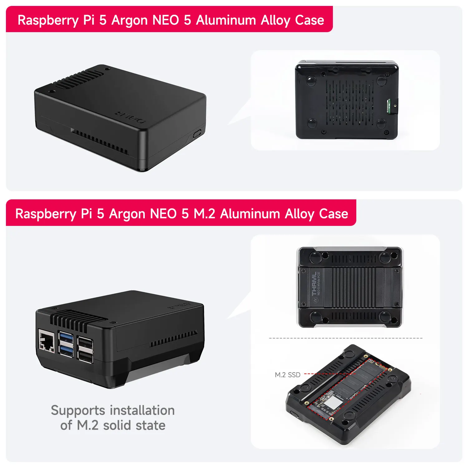 Raspberry Pi 5 Argon NEO 5 Aluminm Case Built-in Fan with Side Exhaust Vent Cooling Shell M.2 Support Installation Solid State