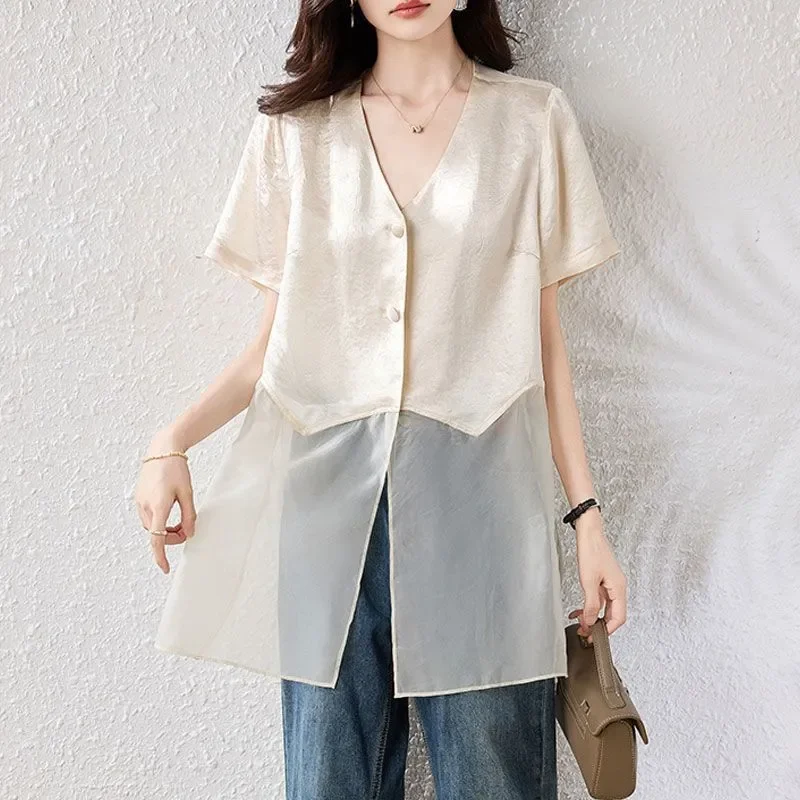 

Модная повседневная женская рубашка с короткими рукавами, новый стиль, свободная однотонная универсальная конструкция, элегантная марлевая строчка средней длины