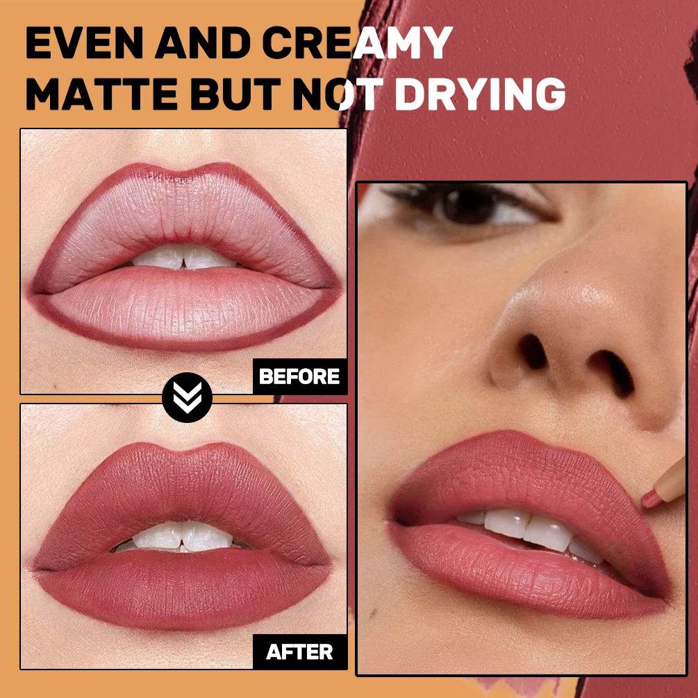 QIBEST Double Head Lip Liner&Brush Pen Mist Matte Velvet Contour Tint Lipstick Pencil Long Lasting Nude Brown Natural Lip Makeup