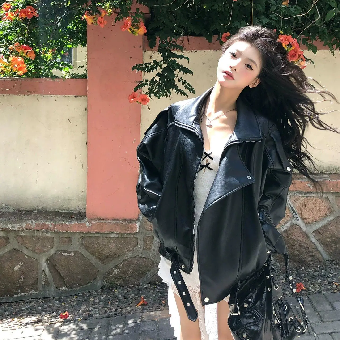 Women Oversized PU Leather Biker Jacket 2026 Autumn Lapel Zipper Short Coat Korean Vintage Loose Motorcycle Outerwear Black