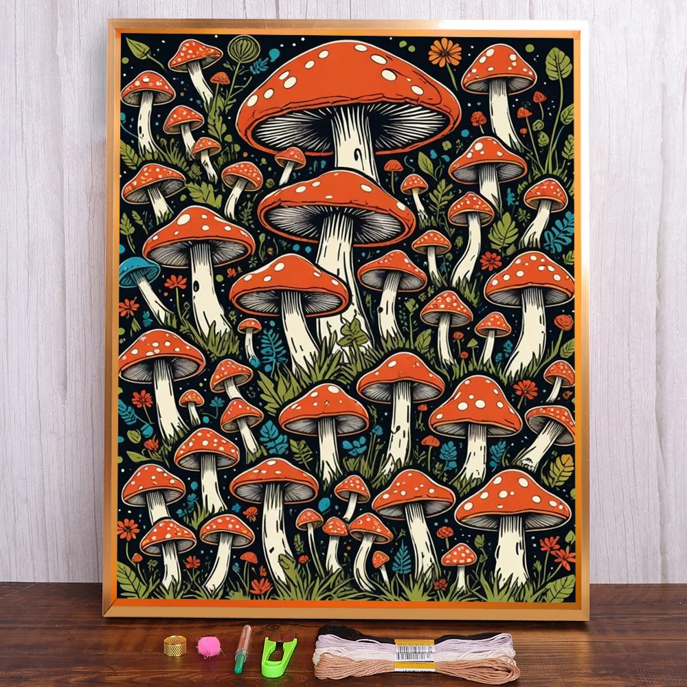 

Scenery Mushroom Printed Fabric Cross-Stitch DIY Embroidery Full Kit Knitting Handiwork Hobby Needlework Mulina Floss Home Decor