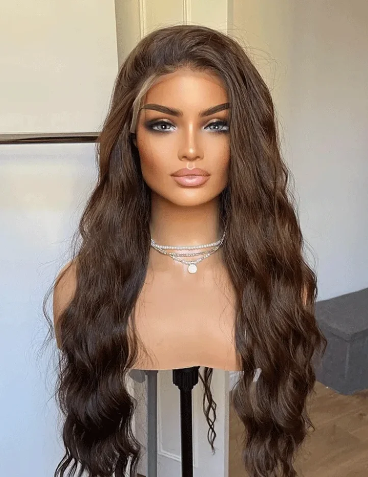

Темно-коричневый длинный волнистый парик Синтетический кружевной фронтальный парик Натуральный роскошный парик Коричневый парик Волнистые парики ручной работы для женщин Повседневная одежда Вечеринка
