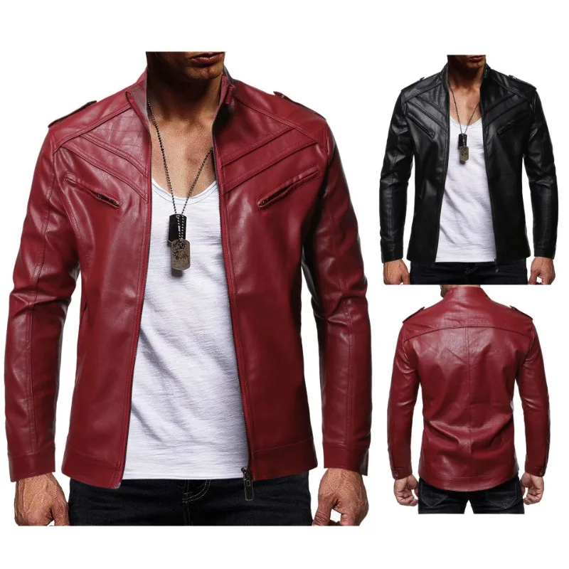 2024 Autumn Leisure Foreign Trade Leather Clothes Hot selling Men's Color Spliced Stand up Neck Top Coat