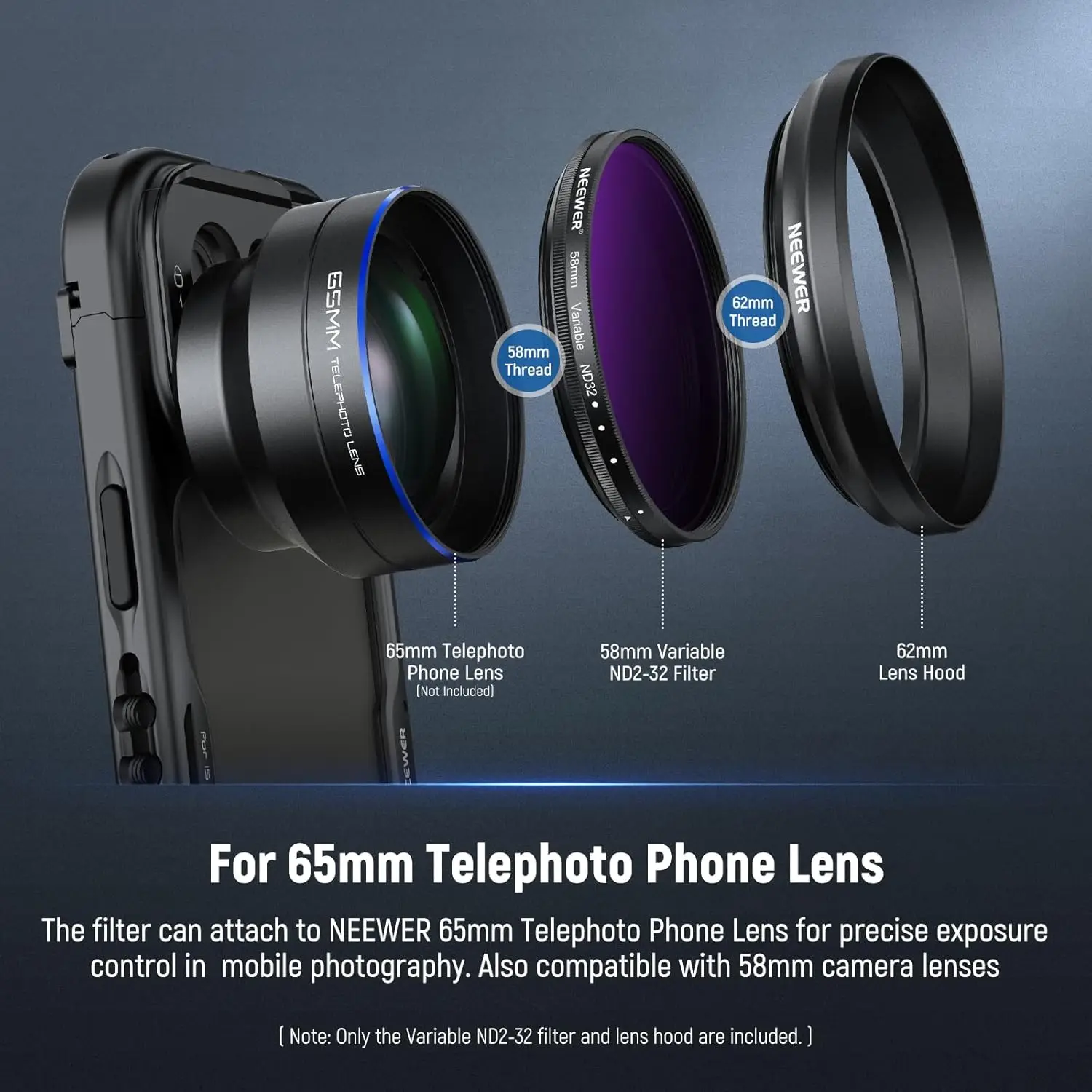 NEEWER 58 مللي متر مرشح ND متغير ND2-32 1-5 مرشح كثافة محايدة قابل للتعديل لعدسة الهاتف المقربة 65 مللي متر وعدسة الكاميرا 58 مللي متر