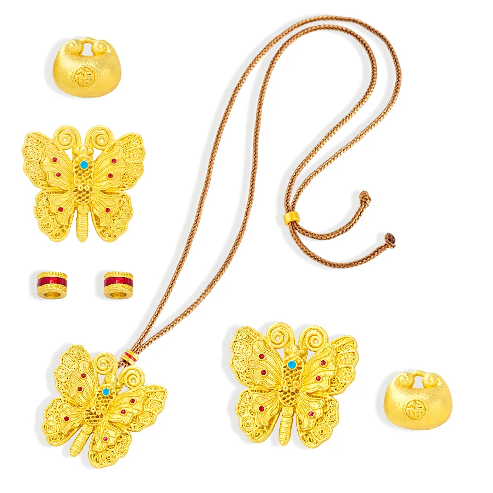 إكسسوارات حقيبة محظوظة على شكل فراشة على الطراز الصيني الجديدة يمكنك صنعها بنفسك قلادة ذهبية رملية وسوار قلادة مجوفة