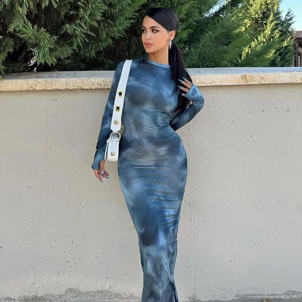 Tie Dye Slim Fit Hot Girl Jurk Lange Mouw Trendy High Street Party Attirewear Maxi Jurk Sexy Lente Herfst Bodycon Jurk