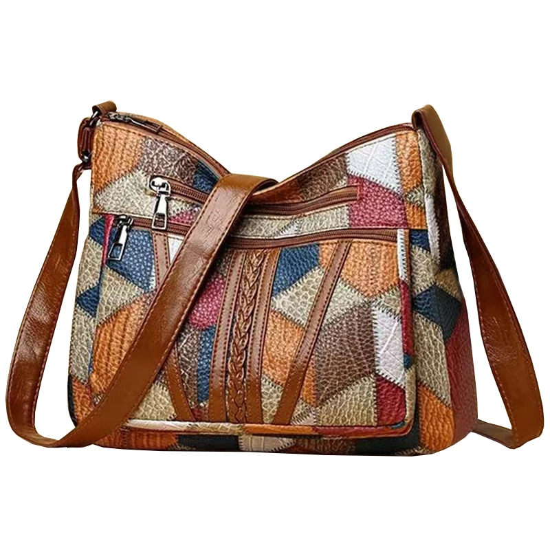 Neutraler Rucksack für Mütter mit Riemen-Design. Umhängetasche mit Patchwork-Muster. Verstellbarer Schultergurt. – Detail 8