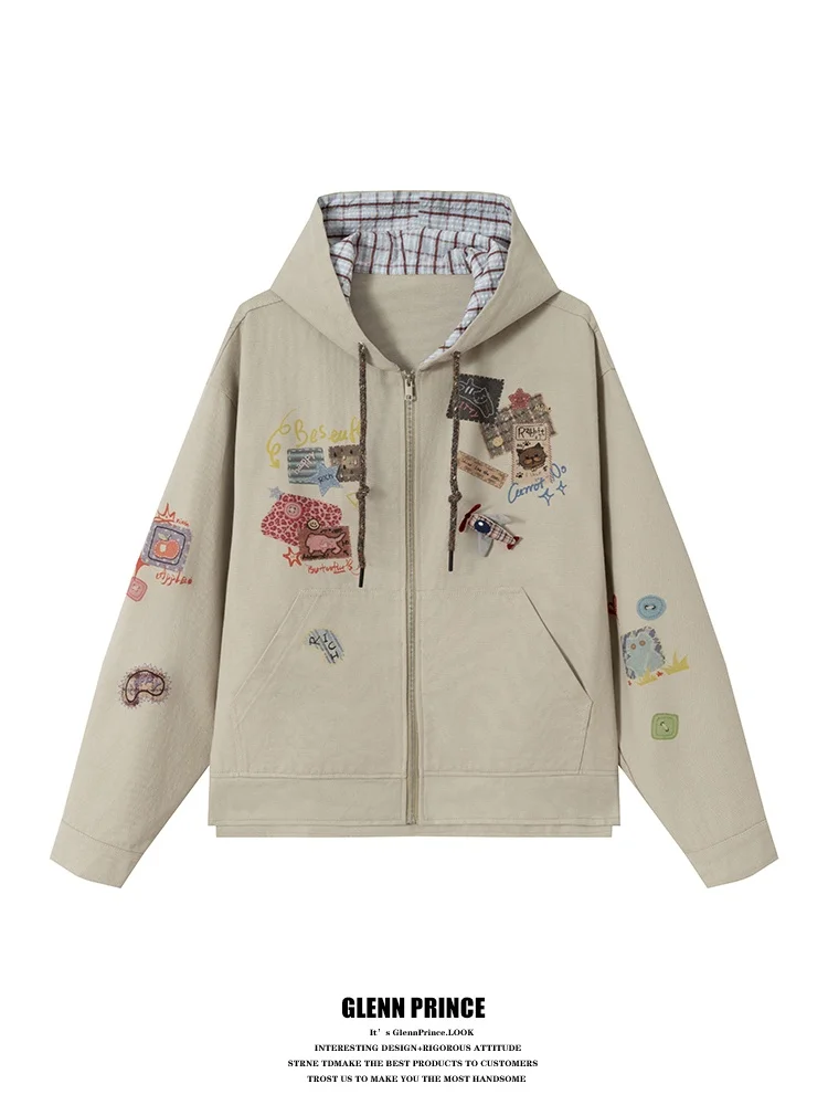 

Мужская модная куртка GPstudio в американском ретро-стиле с мультяшным принтом и клетчатым узором, свободного кроя, повседневная, весна-осень