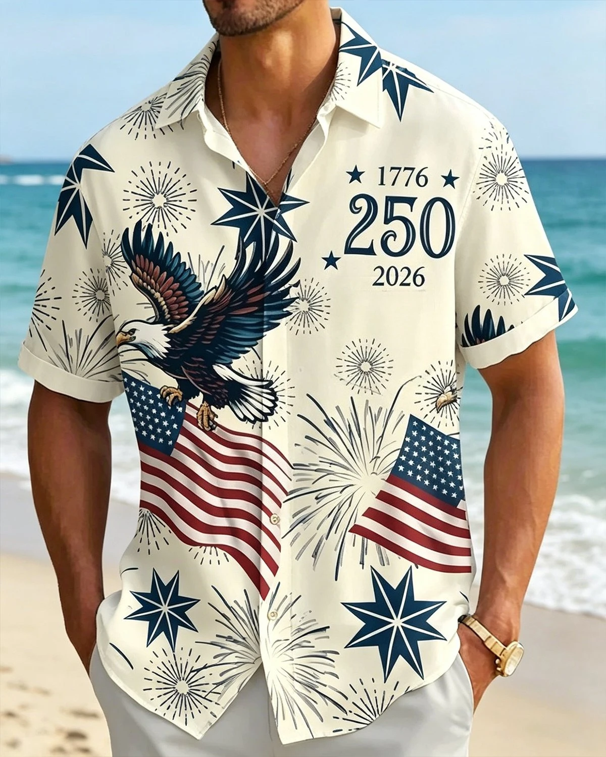 

Summer New Men's American Independence 250th Anniversary Celebration Flower Short Sleeve Button Hawaiian Shirt Sports T-shirt