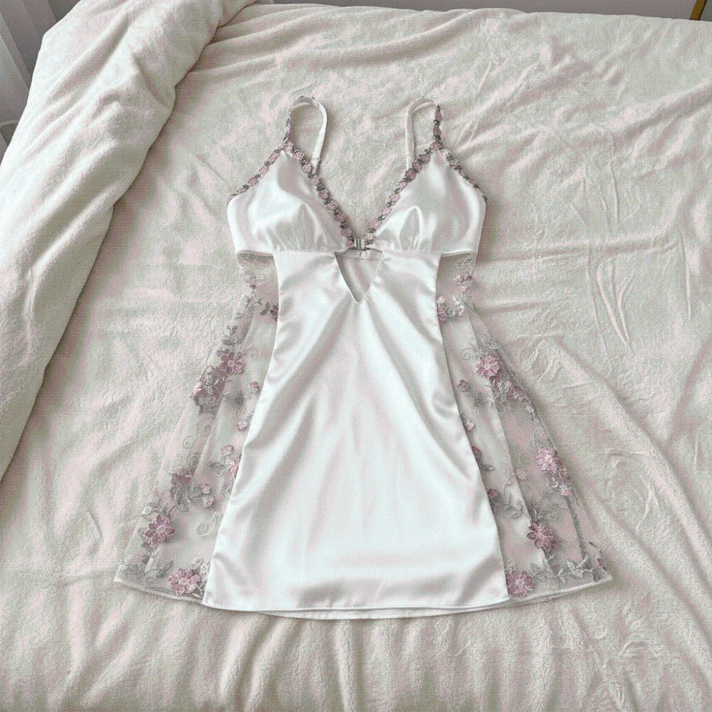 Thin Lace Women's Pajama Dress Embroidered Mesh Transparent Ice Silk Suspender Nightdress Flowers Sleepwear Slim Sling Nightgown
