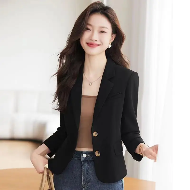 

2025 Autumn Winter New Loose Chic Tops Office Lady Blazers Elegant Lapel Button Pockets Solid Color Korean Blazer Women Clothing