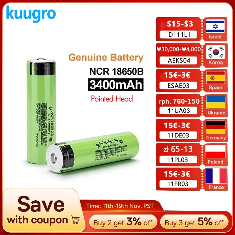 

Original NCR18650B Pointed Battery 18650 3400mAh 3.7V Rechargeable Lithium Batteries for Flashlight