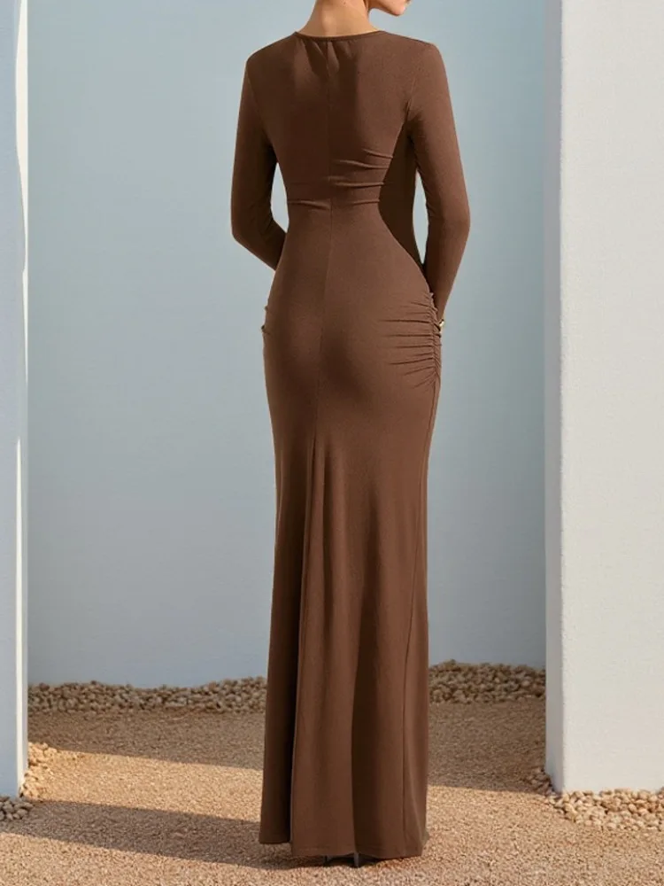 القطب الشمالي القط أنيقة مشبك معدني الجوف طويلة خارج الأكمام فستان المرأة مثير الخامس الرقبة ضيق فستان سهرة الحفلات الخريف الشتاء جديد Vestidos #4