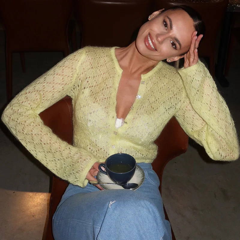 

Women Elegant O-neck Jacquard Solid Cardigan Fashion Button Long Sleeve Slim Short Jacket Casual Long Sleeve Hollow Knit Coats