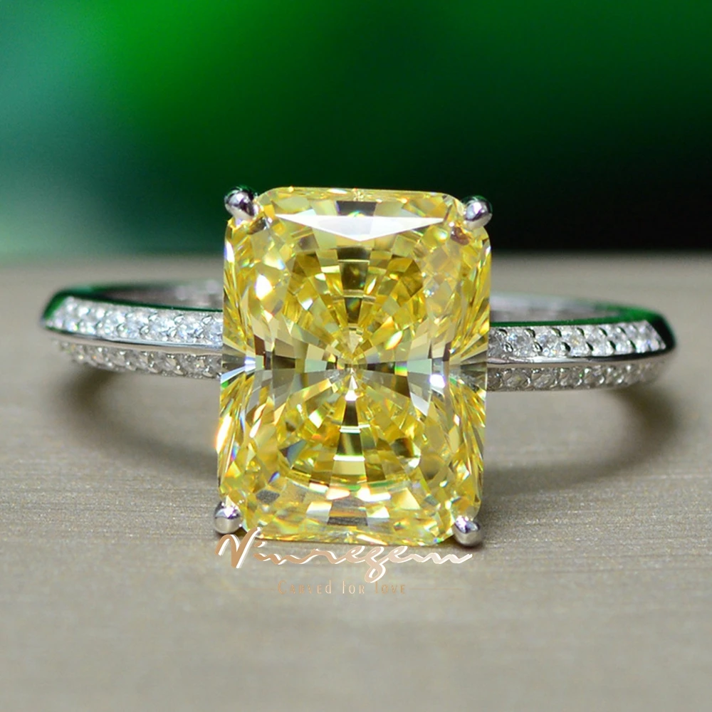 Vinregem 9*12MM 9.5CT Radiant Cut Citrine High Carbon Diamond Gemstone 925 Sterling Silver Wedding Engagement Ring Fine Jewelry