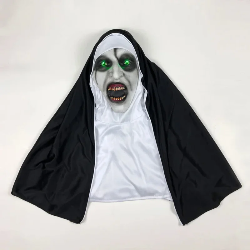 Máscara LED de terror de monja, máscaras de látex aterradoras para Cosplay con pañuelo para la cabeza, accesorios de fiesta de Halloween con luz Led de lujo