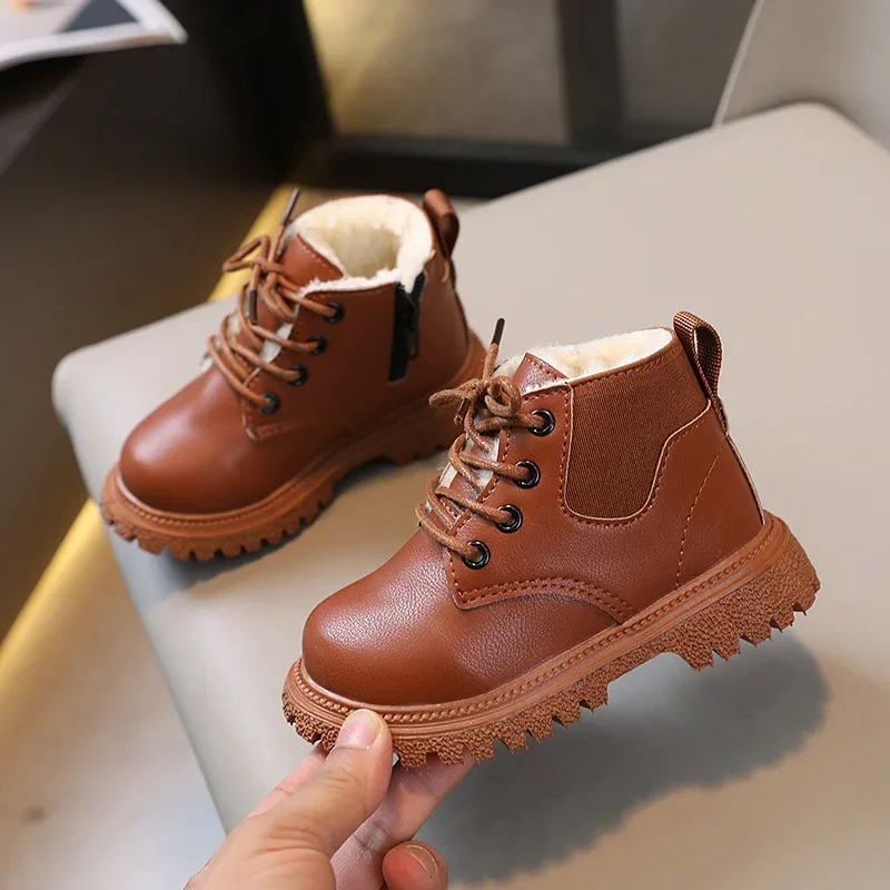 New Children's Fashion Boots Winter Thickened Boys Girls' Anti Slip Warm Leather Boots Side Zipper Solid Color Kids Casual Shoes