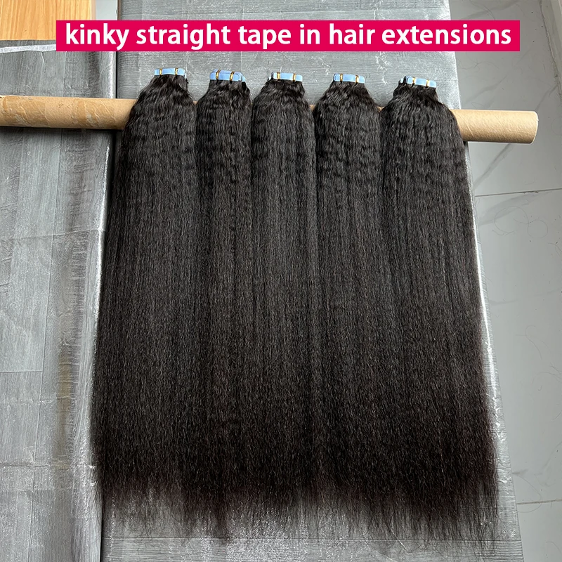 

Накладные волосы Kinky Straight на невидимой ленточной основе, 100% натуральные человеческие волосы, бесшовные, с полиуретановой основой, для полной головы, 40 шт.