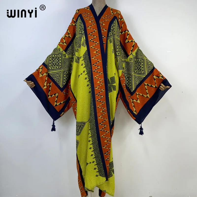 WINYI 2023 new summer print Women Cardigan Loose Long Dress Cocktail Party Boho Maxi beach Swimming Cover Up Kimonos