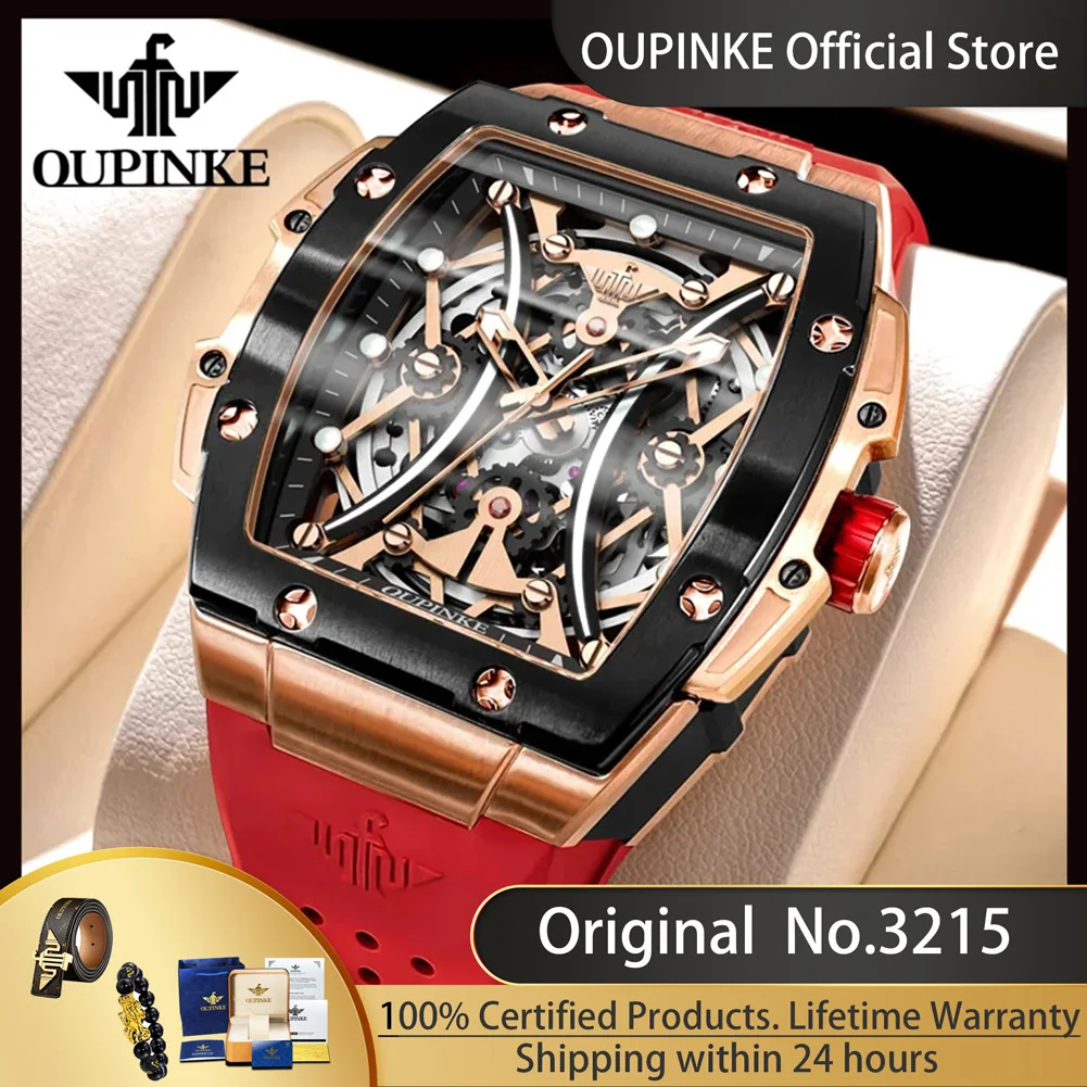 

OUPINKE 3215 High-end Imported Movement Hollow Out Full Automatic Mechanical Wristwatch for Men Tonneau Silicone Strap Men Watch