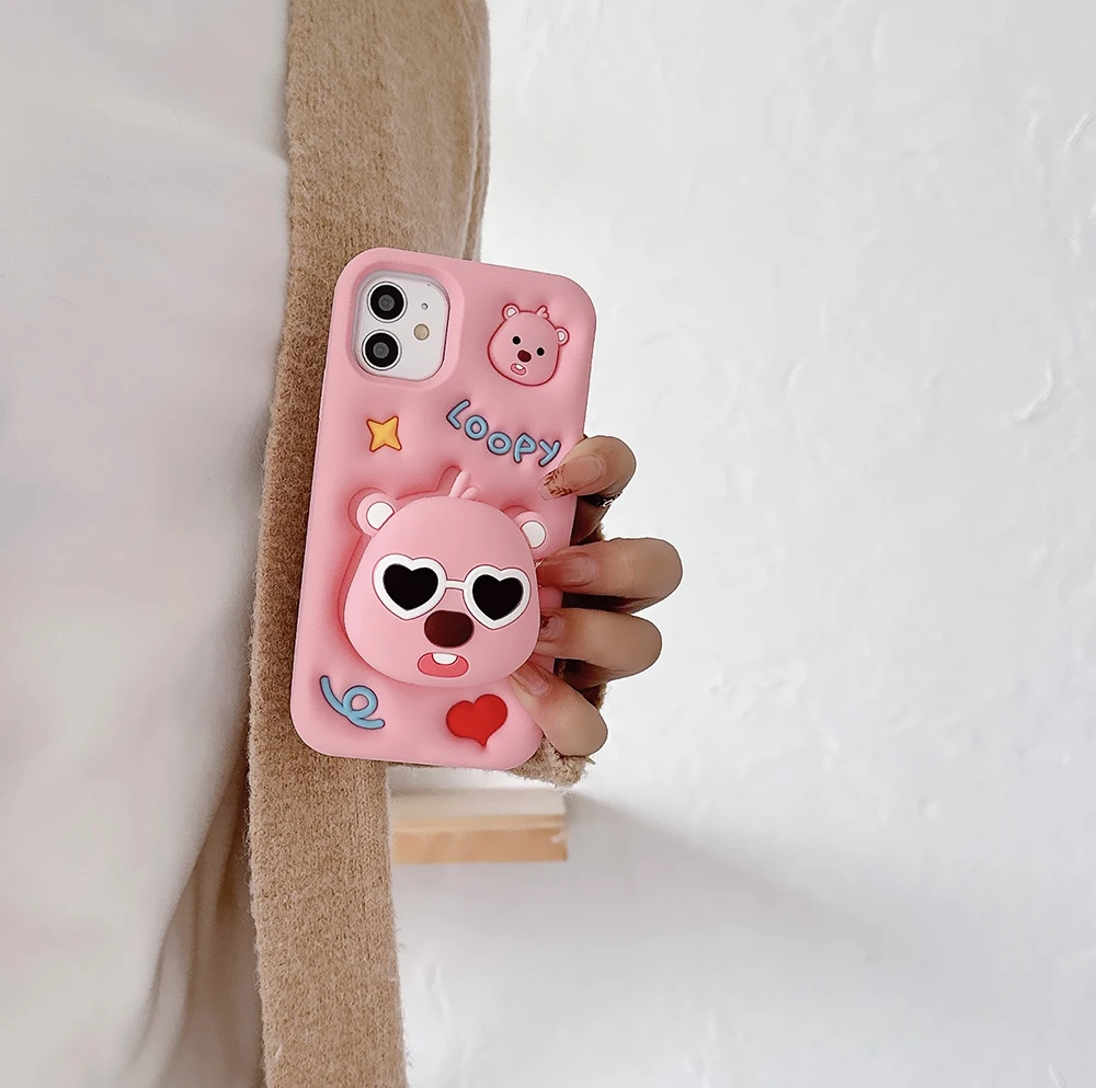 Cartoon Pink Loopies Telescopic Bracket Phone Case for IPhone 15 14 13 12 11 Pro Max Drop-resistant Soft Silicone Back Cover