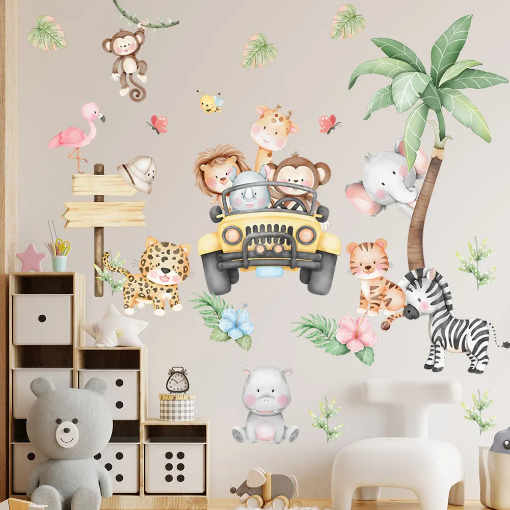 Kawaii Cartoon Forest Animals Wall Stickers for Children Boys Baby Room Decoration Elephant Giraffe Monkey Car Tree Wallpaper