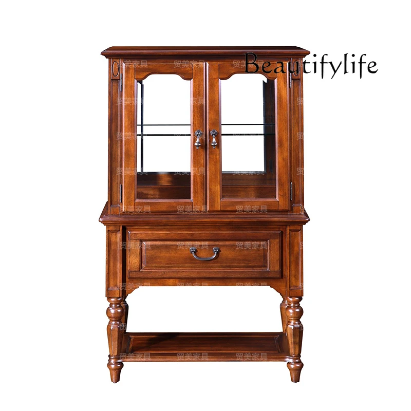 

American Style Short Wine Cabinet Retro Pure Solid Wood Double Door Glass Sideboard Cabinet Simple Small Wine Cabinet