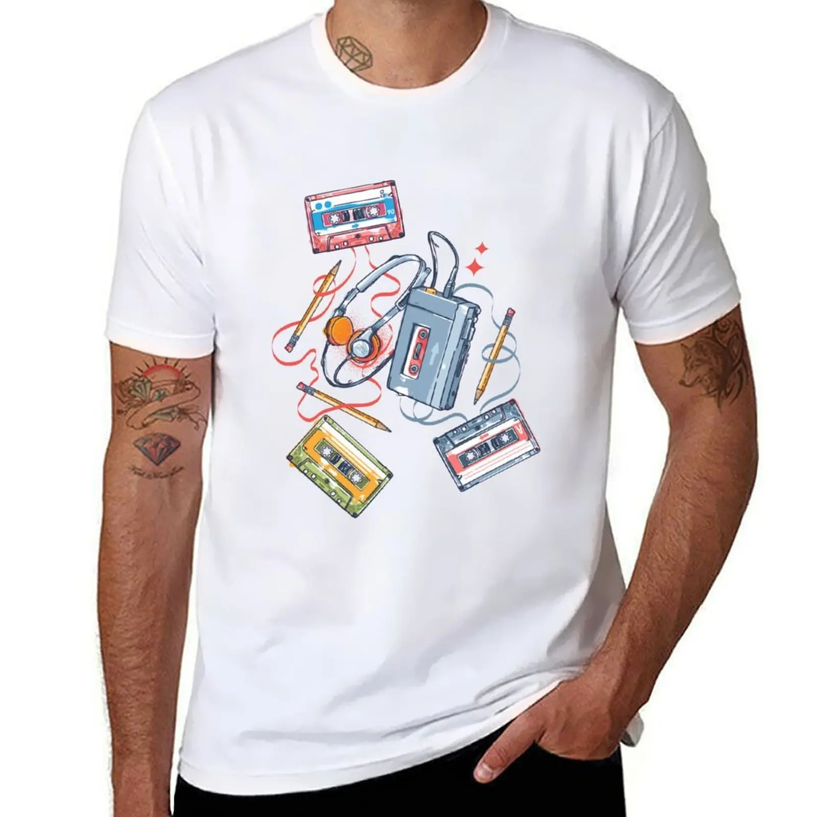 

Retro Walkman and Cassette Tapes Pencil Pattern T-Shirt funny t shirts dark humor man t shirts graphic T-Shirt