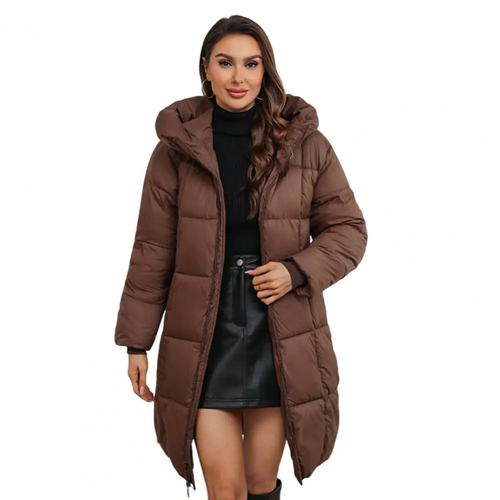긴팔 후드 다운 재킷 후드가 있는 세련된 여성 겨울 재킷 슬림 허리 지퍼 클로저 추위를 위한 방풍 디자인