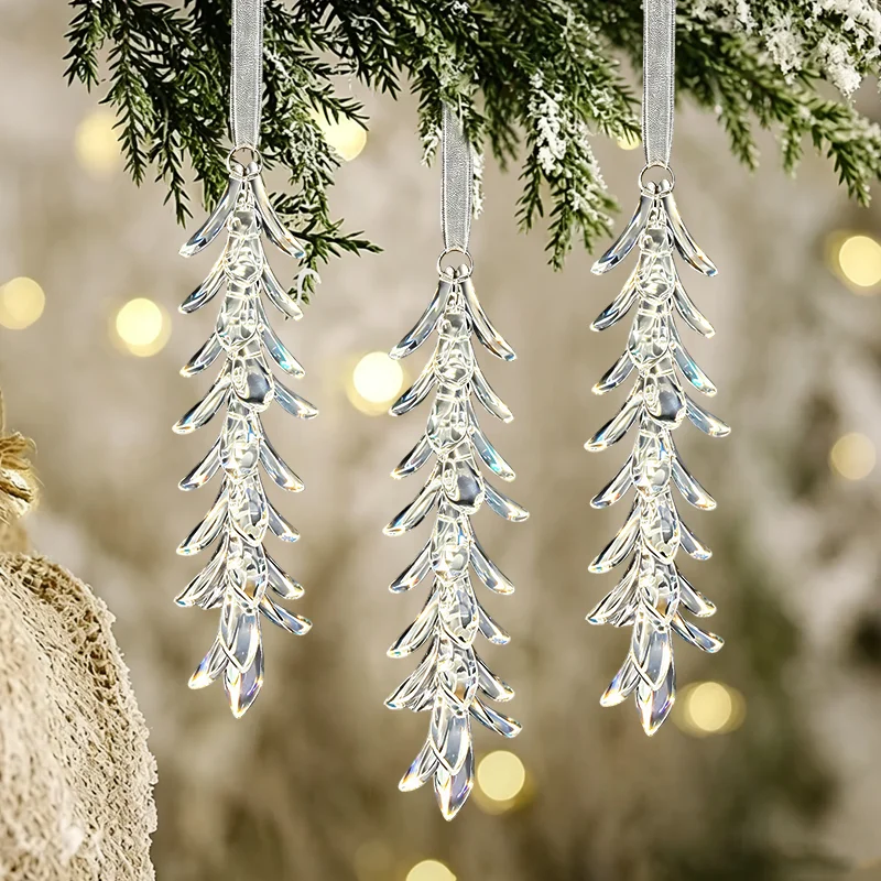 Crystal Icicle Hanging Ornament Transparent Ice Spike Pendant with Ribbon for Christmas Tree Decor