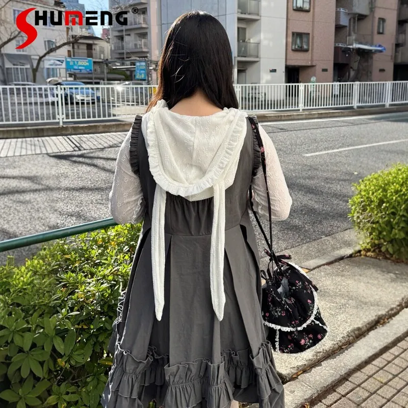 

Japanese Sweet Cartoon Ear Hoodie Long Sleeves Blouse Floral Lace Top Ruffle Hem Design Elegant Casual Daily Wear Shirt Female